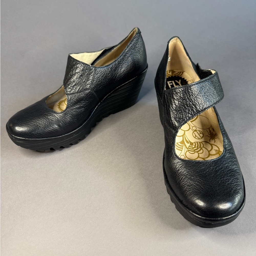 Fly London Black Leather Mary Jane Wedge Clogs